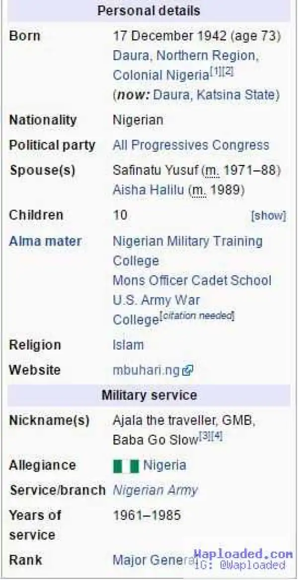 Buhari Gets New Nicknames on His Wikipedia Page (Screenshot)